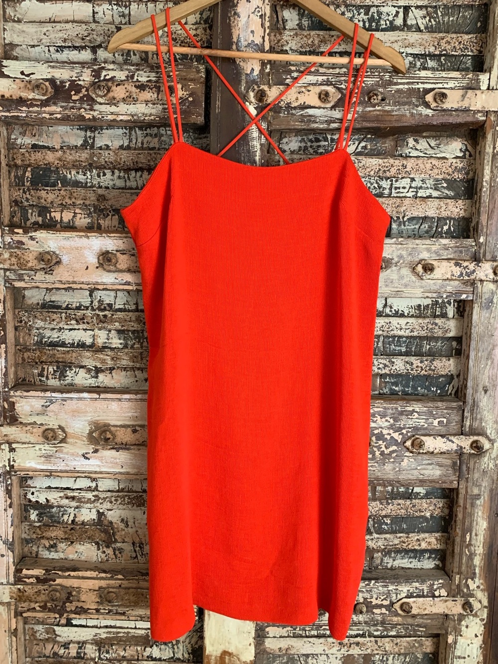 H&M Bright Red Ribbed Strappy Bodycon Dress, Spaghetti Strap, 14